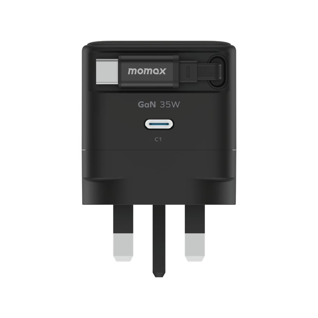 MOMAX 1-CHARGE 35W GAN 1 PORT CHARGER WITH BUILT-IN USB-C CABLE