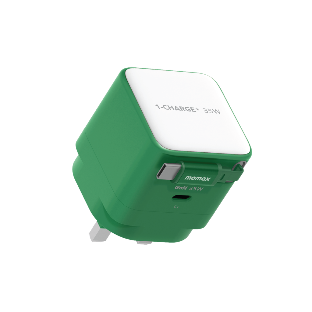 MOMAX 1-CHARGE 35W GAN 1 PORT CHARGER WITH BUILT-IN USB-C CABLE