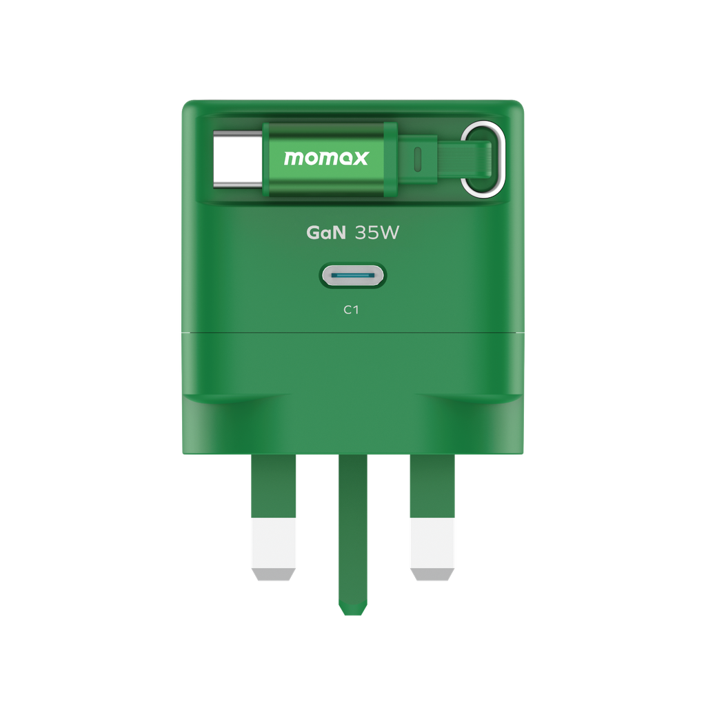 MOMAX 1-CHARGE 35W GAN 1 PORT CHARGER WITH BUILT-IN USB-C CABLE