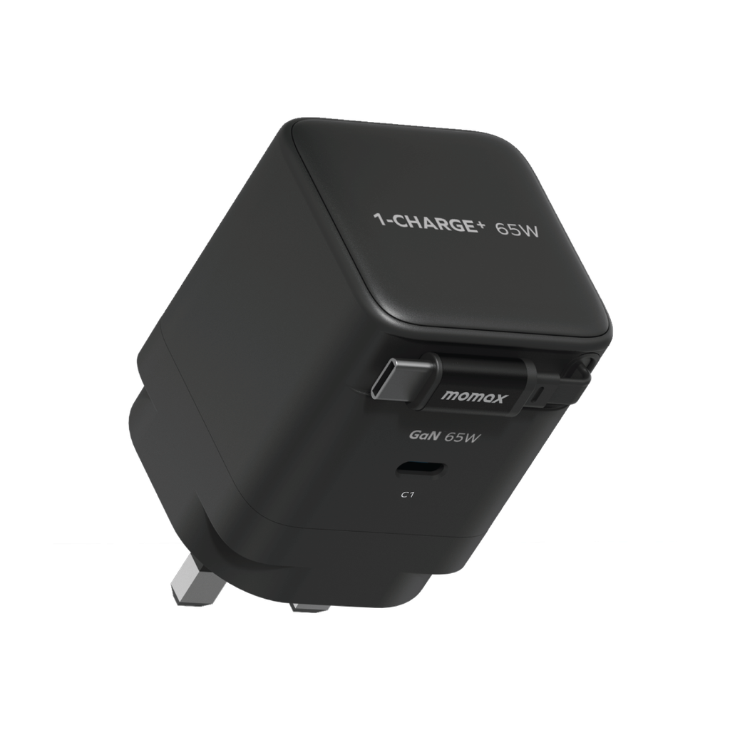 MOMAX 1-CHARGE 65W GAN 1 PORT CHARGER WITH BUILT-IN USB-C CABLE