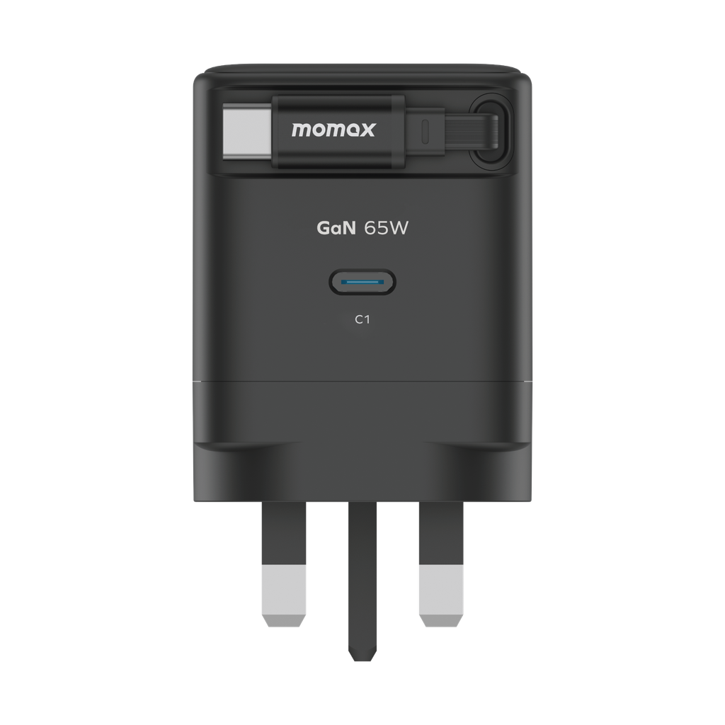 MOMAX 1-CHARGE 65W GAN 1 PORT CHARGER WITH BUILT-IN USB-C CABLE