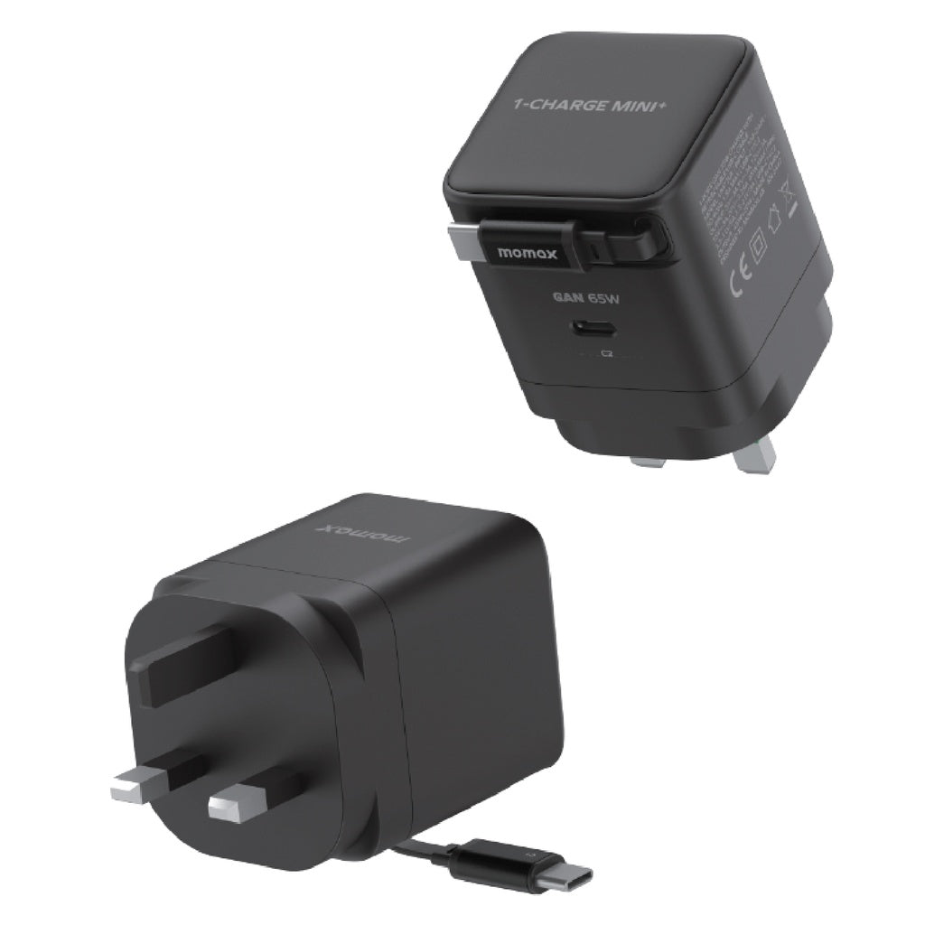 MOMAX 1-CHARGE 65W GAN 1 PORT CHARGER WITH BUILT-IN USB-C CABLE