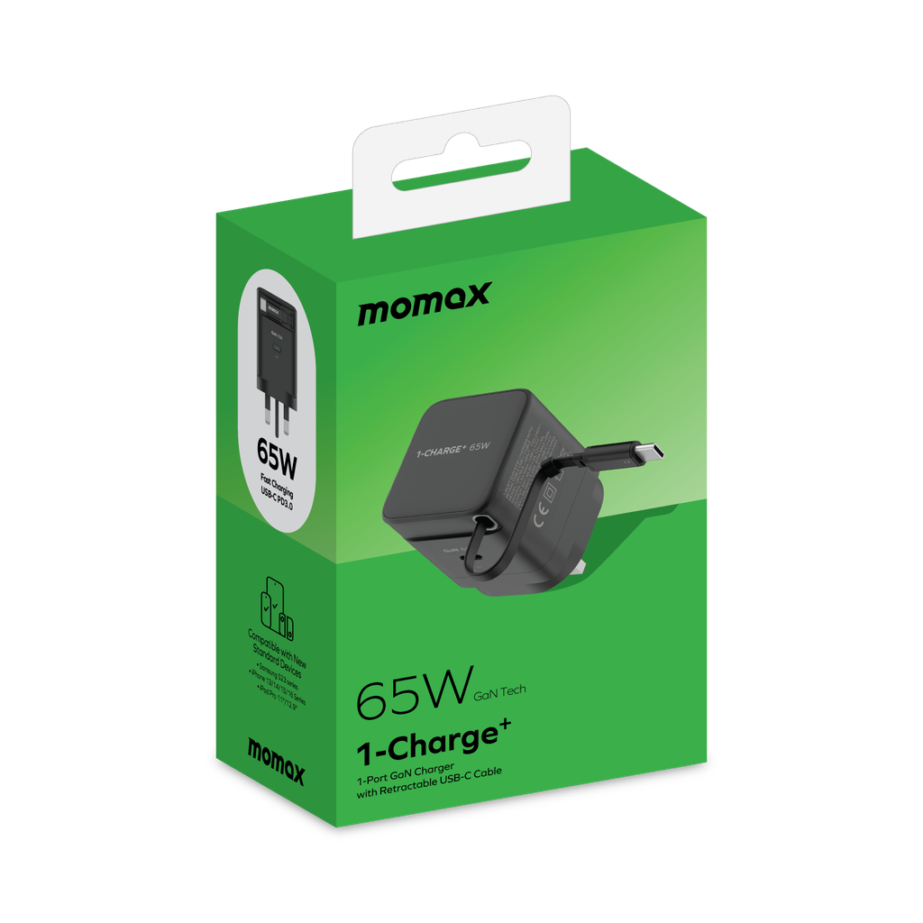 MOMAX 1-CHARGE 65W GAN 1 PORT CHARGER WITH BUILT-IN USB-C CABLE