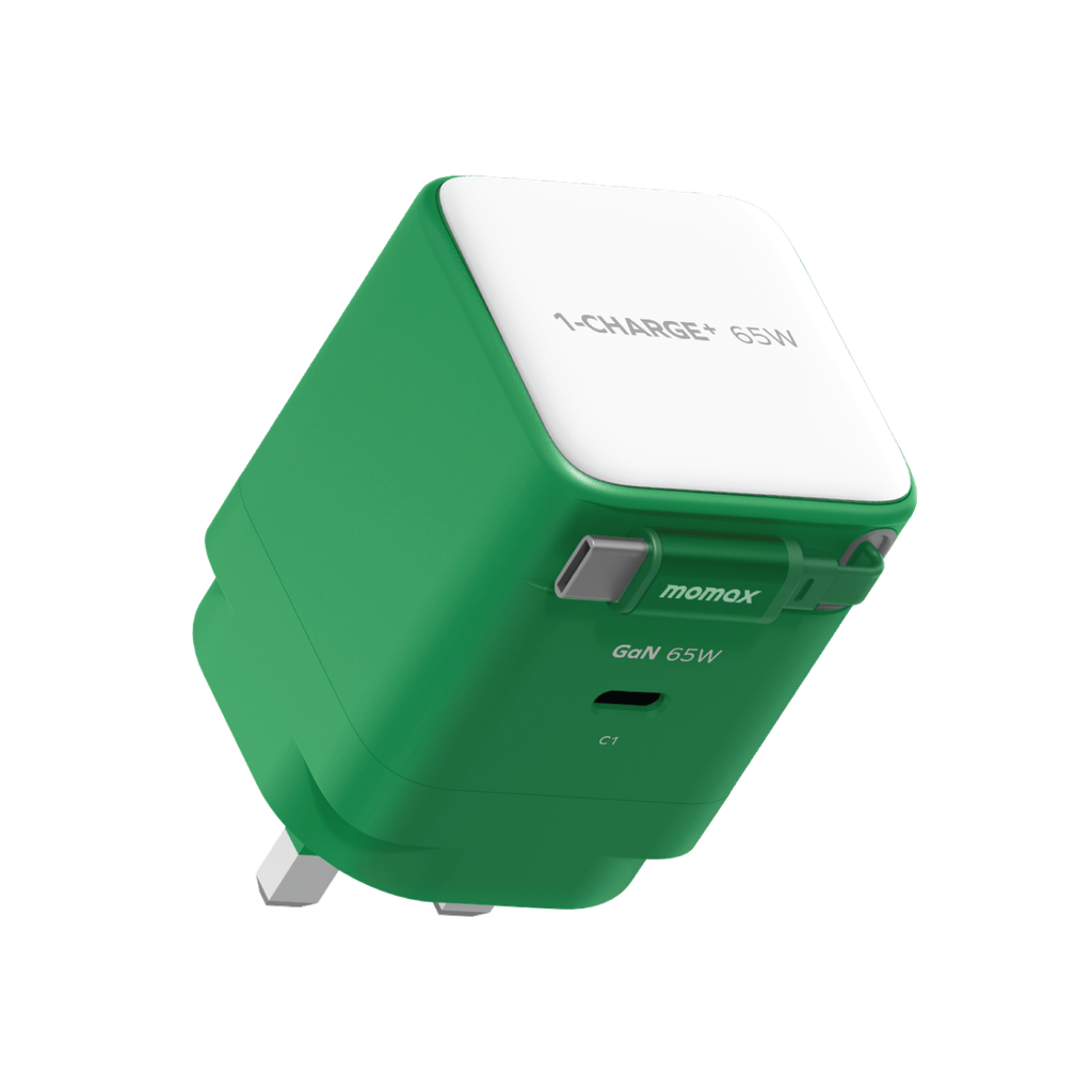 MOMAX 1-CHARGE 65W GAN 1 PORT CHARGER WITH BUILT-IN USB-C CABLE
