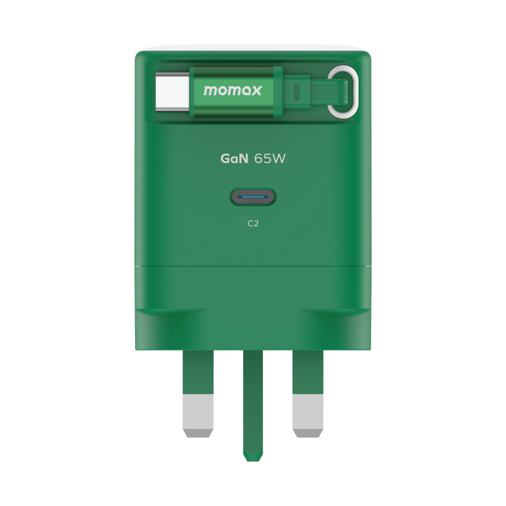 MOMAX 1-CHARGE 65W GAN 1 PORT CHARGER WITH BUILT-IN USB-C CABLE
