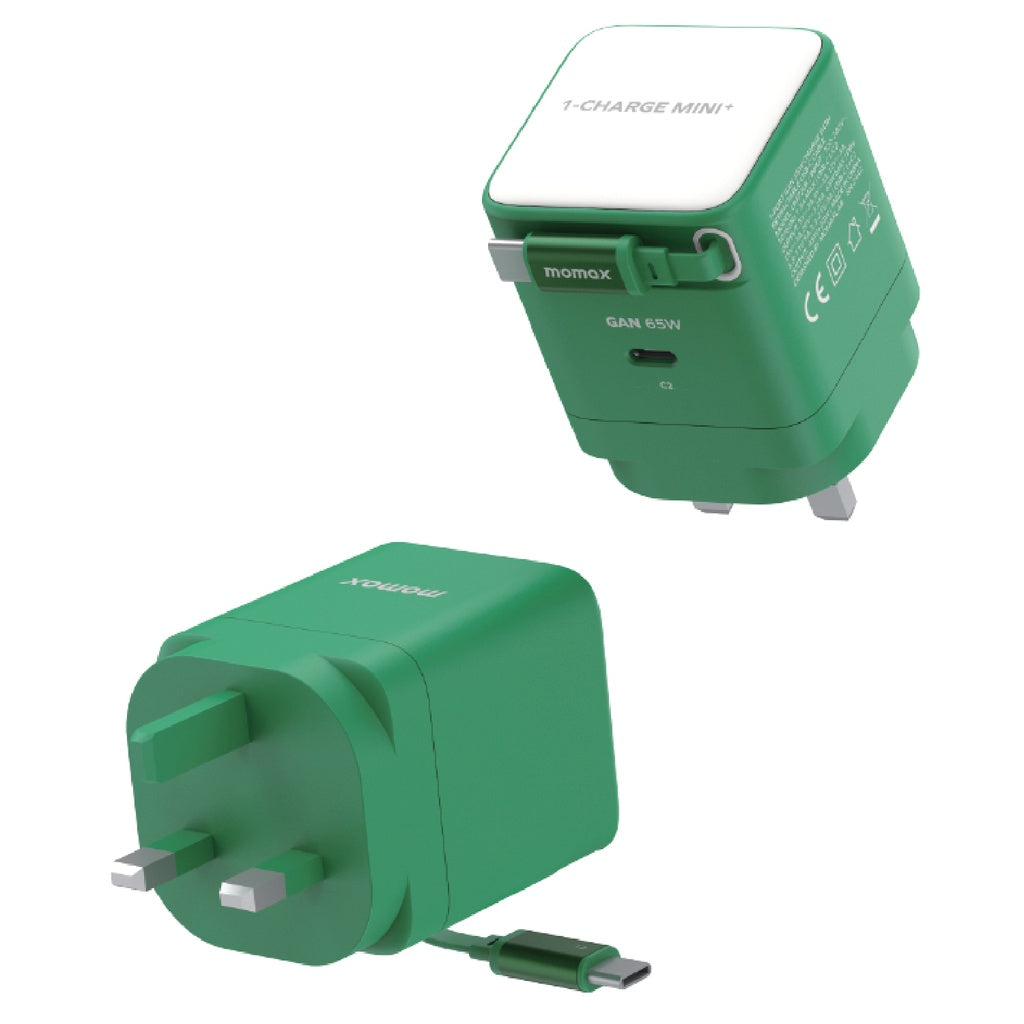 MOMAX 1-CHARGE 65W GAN 1 PORT CHARGER WITH BUILT-IN USB-C CABLE