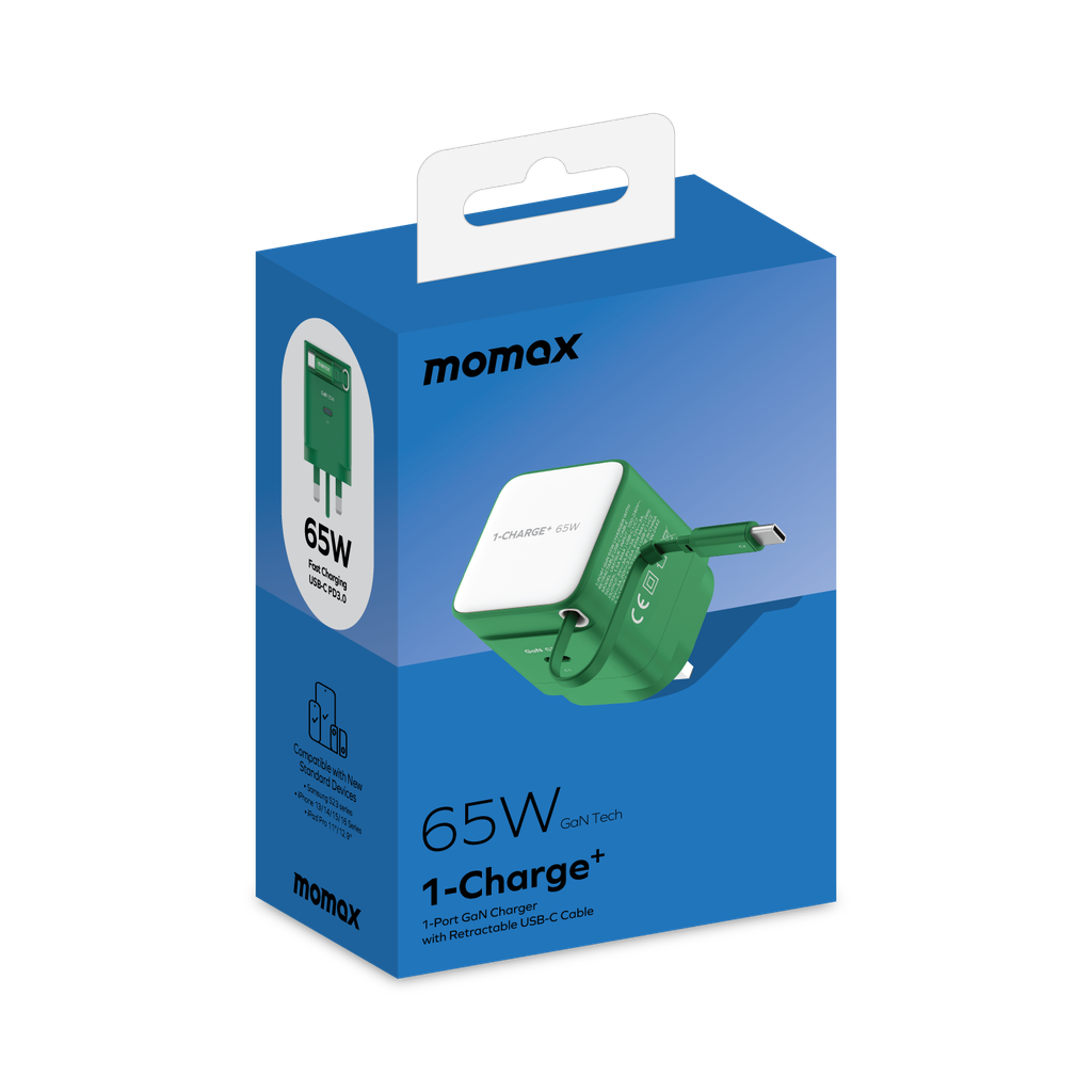 MOMAX 1-CHARGE 65W GAN 1 PORT CHARGER WITH BUILT-IN USB-C CABLE