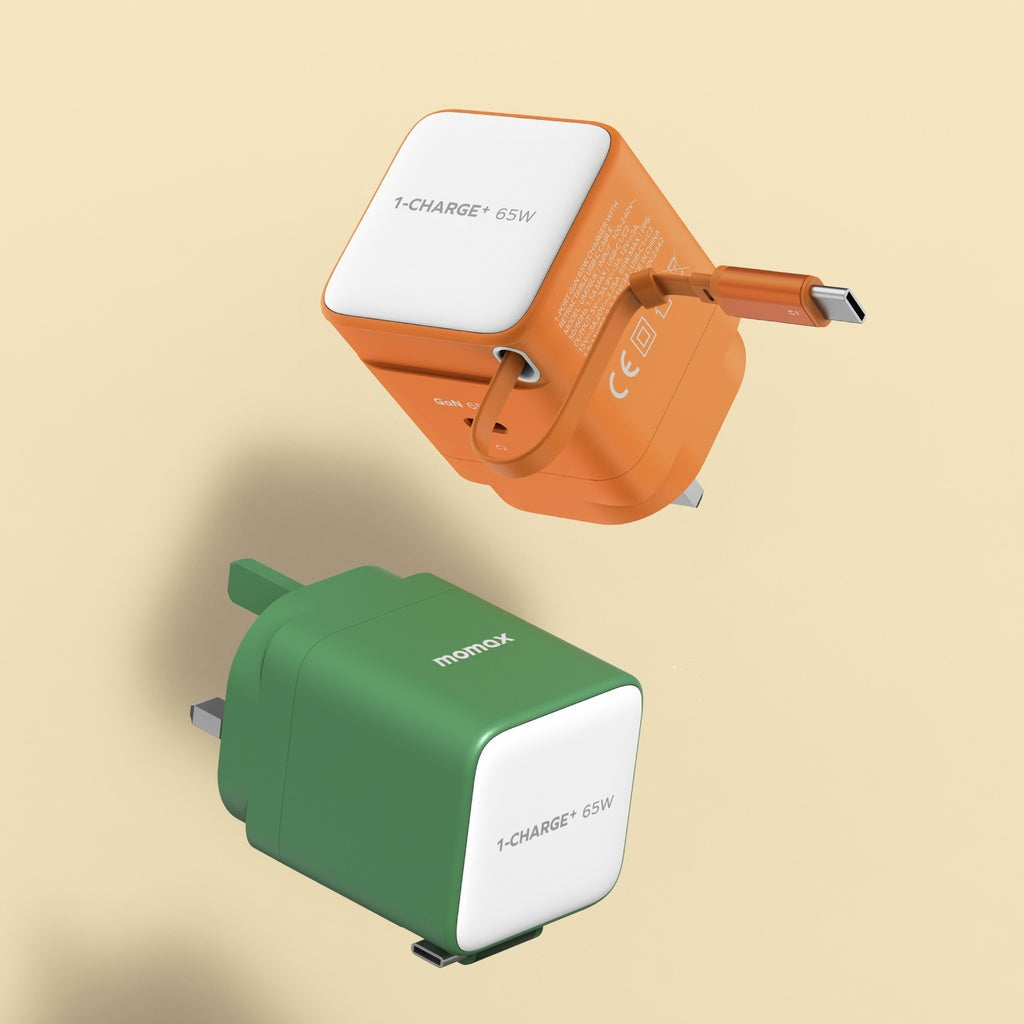 MOMAX 1-CHARGE 65W GAN 1 PORT CHARGER WITH BUILT-IN USB-C CABLE