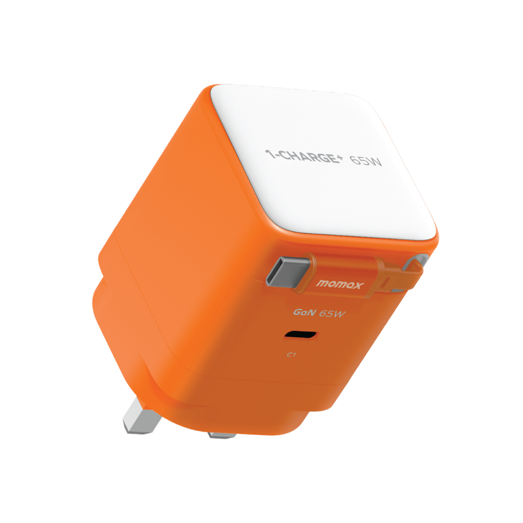 MOMAX 1-CHARGE 65W GAN 1 PORT CHARGER WITH BUILT-IN USB-C CABLE