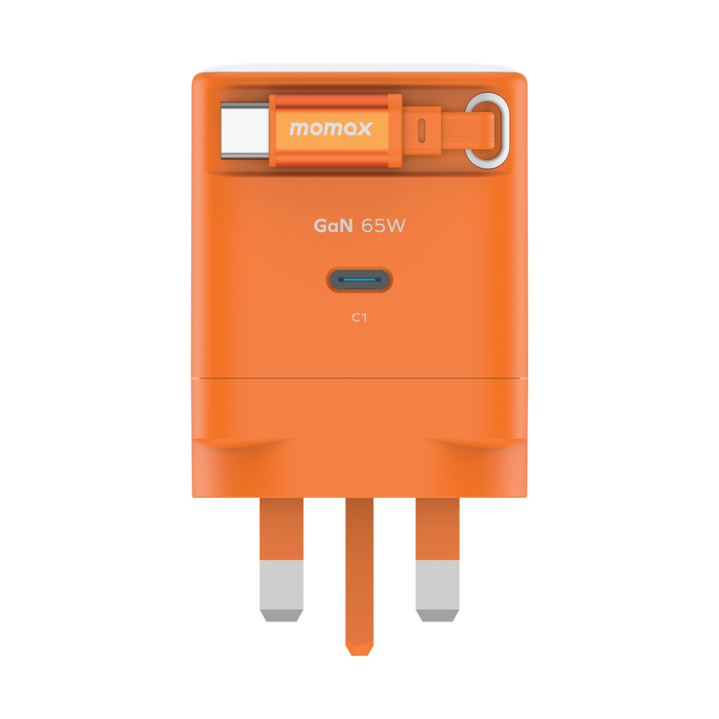 MOMAX 1-CHARGE 65W GAN 1 PORT CHARGER WITH BUILT-IN USB-C CABLE