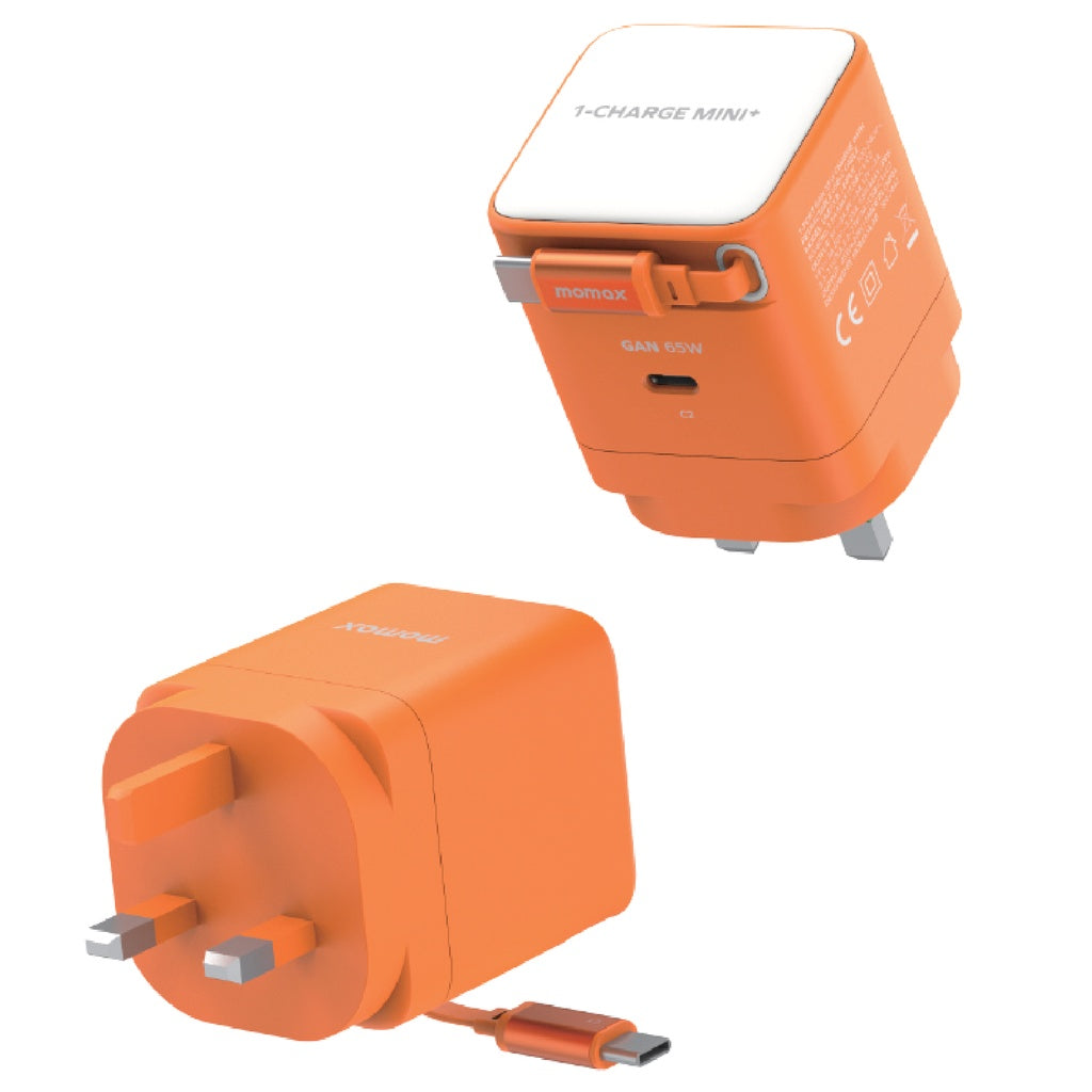 MOMAX 1-CHARGE 65W GAN 1 PORT CHARGER WITH BUILT-IN USB-C CABLE