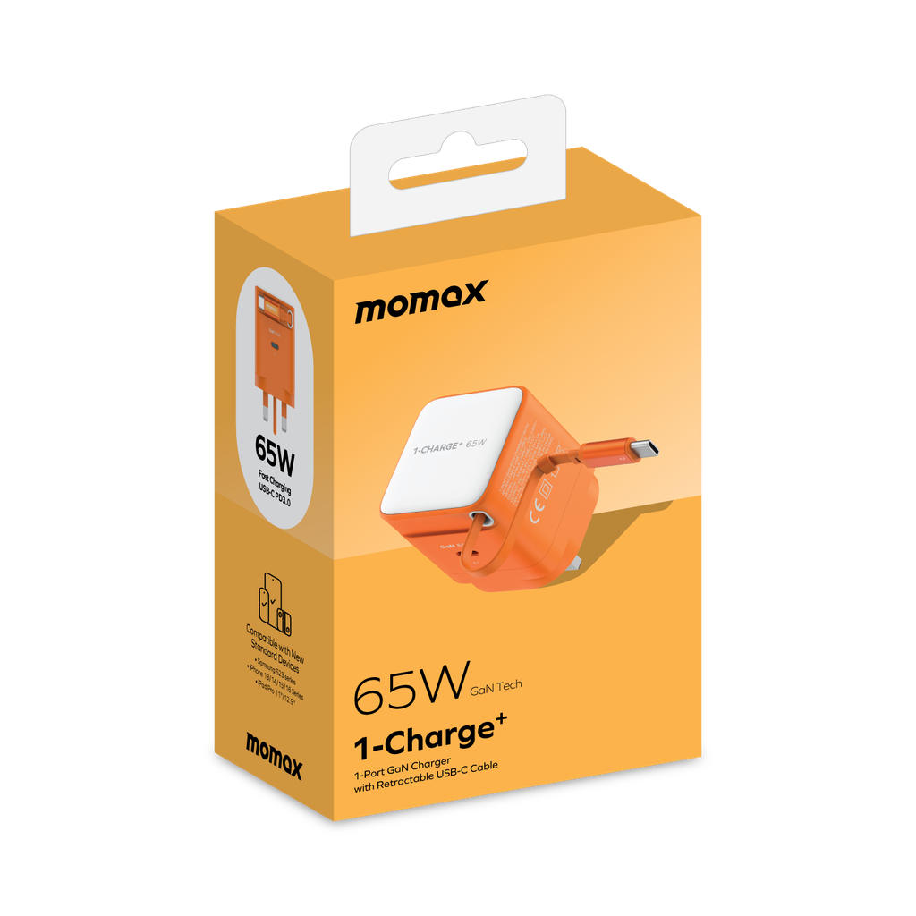 MOMAX 1-CHARGE 65W GAN 1 PORT CHARGER WITH BUILT-IN USB-C CABLE