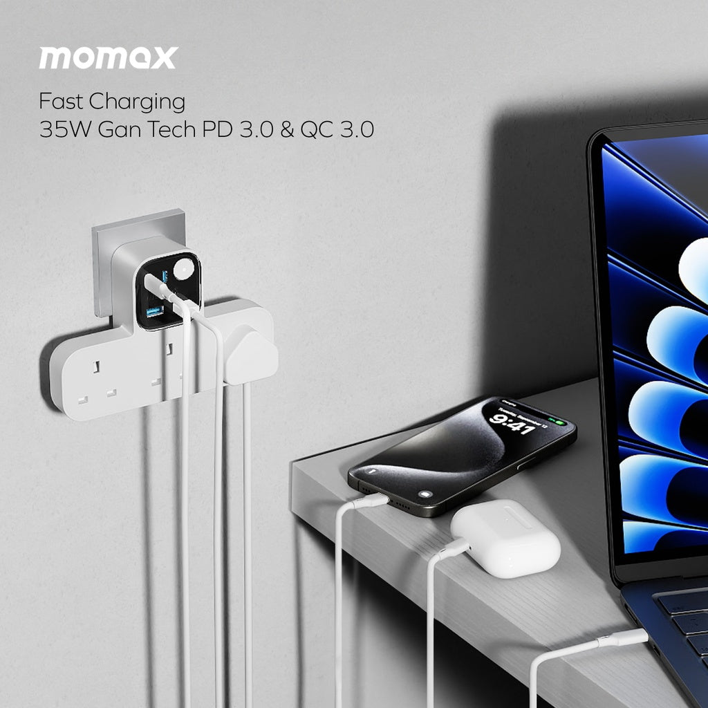 MOMAX 1-CHARGER WORK FLOW T-SHAPED EXTENTION 3 SOCKET WITH USB
