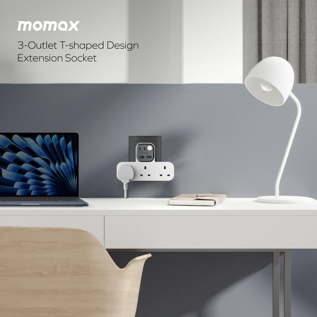 MOMAX 1-CHARGER WORK FLOW T-SHAPED EXTENTION 3 SOCKET WITH USB