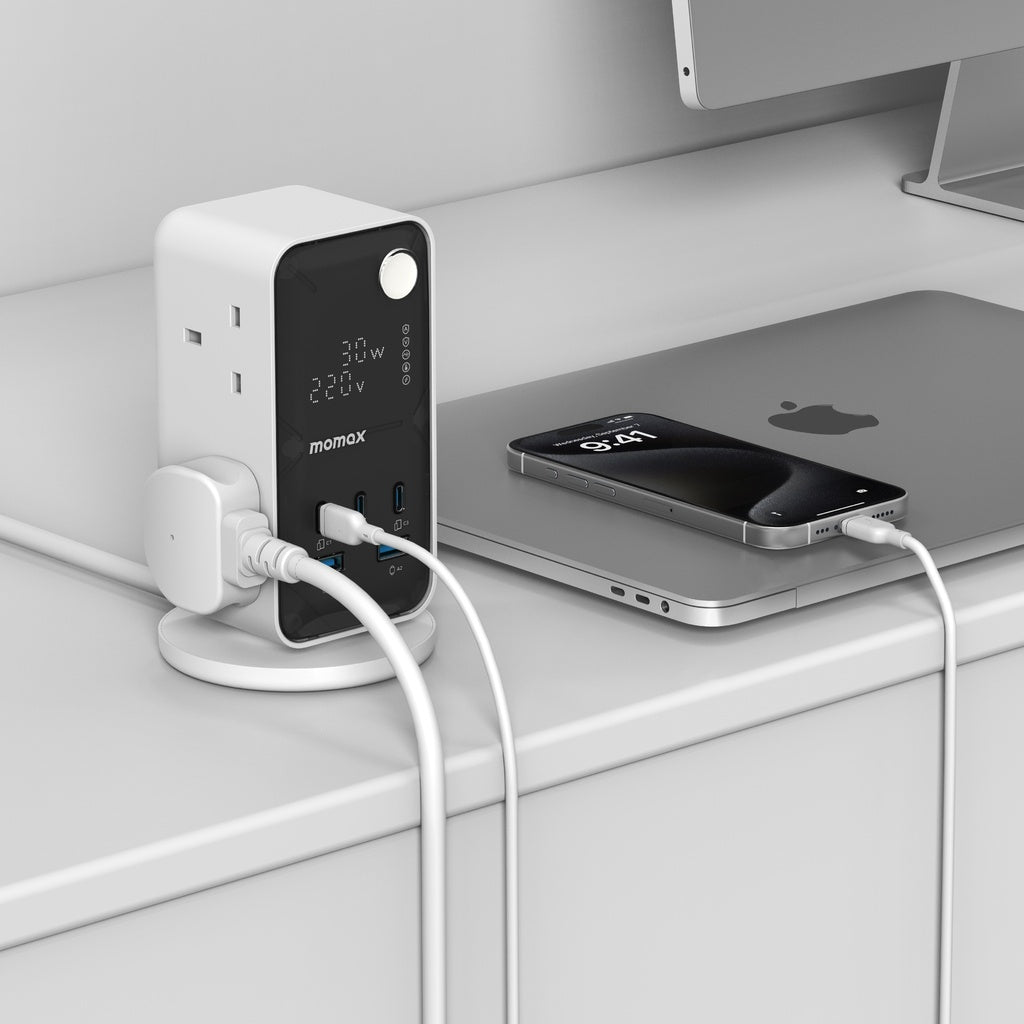 MOMAX 1-CHARGE WORK FLOW 6-OUTLET DIGITAL DISPLAY POWER TOWER WITH USB