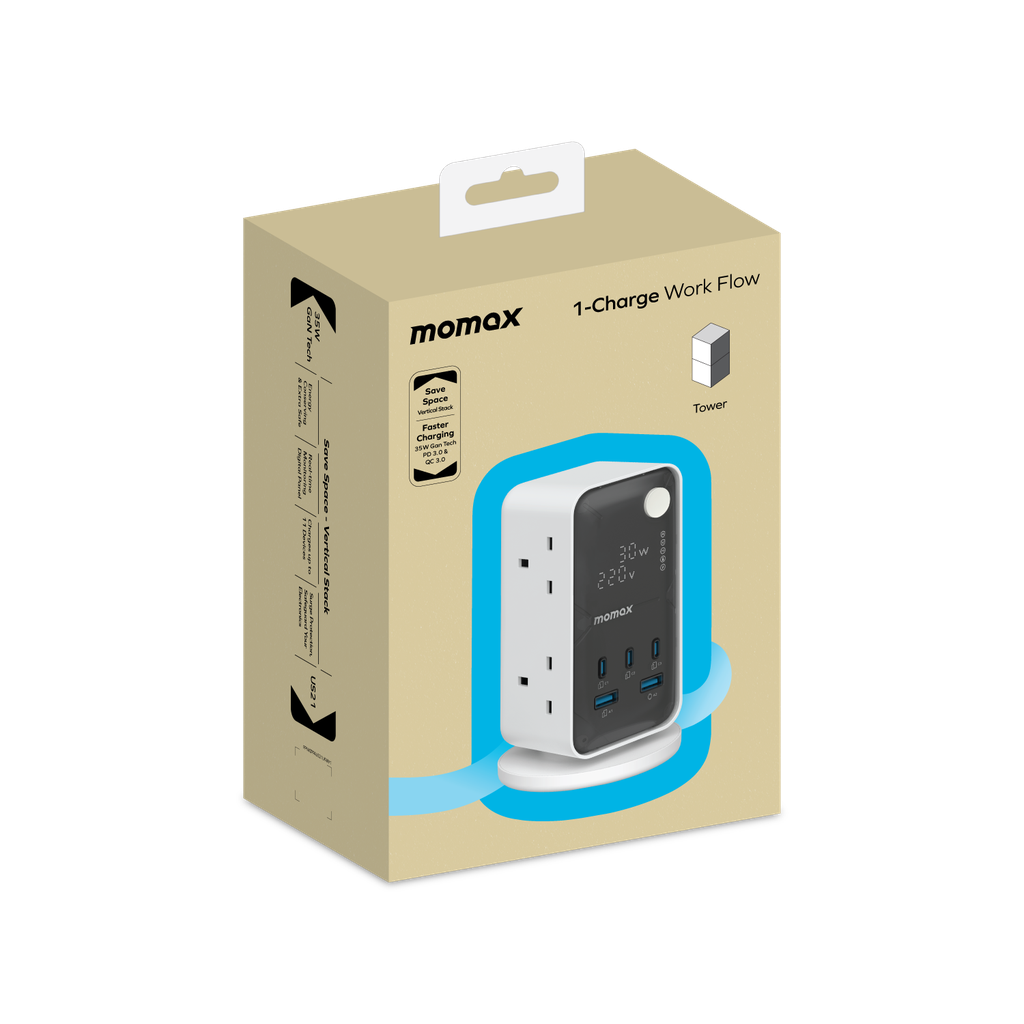 MOMAX 1-CHARGE WORK FLOW 6-OUTLET DIGITAL DISPLAY POWER TOWER WITH USB