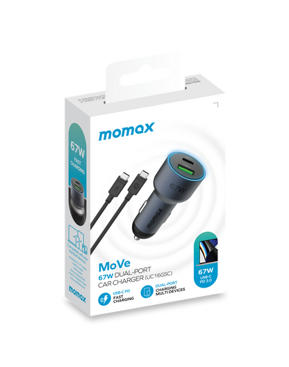 MOMAX MOVE 67W DUAL PORT CAR CHARGER+ 1MTR 100W C TO C CABLE