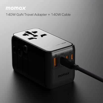MOMAX 1-WORLD 140W GAN 4 PORTS AC TRAVEL ADAPTER INCLUDING 140W USB-C TO USB-C CABLE