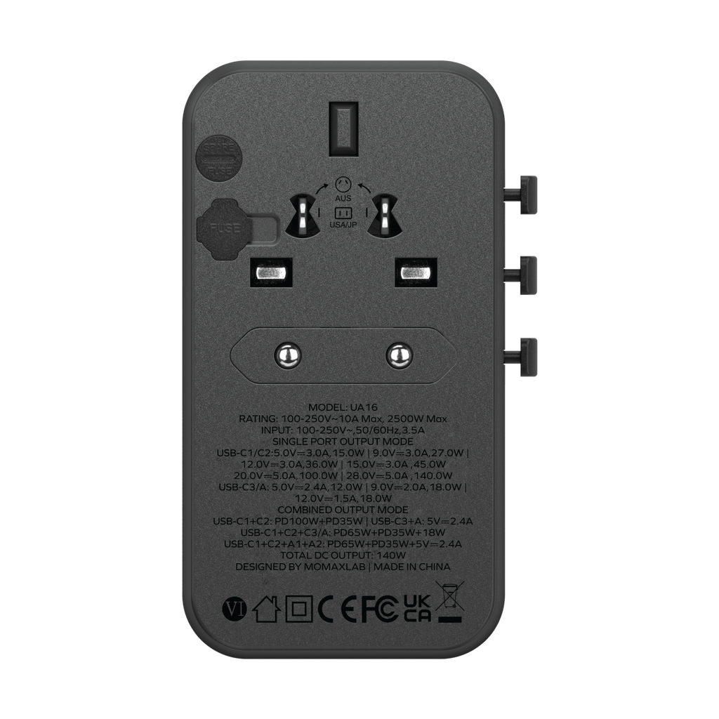 MOMAX 1-WORLD 140W GAN 4 PORTS AC TRAVEL ADAPTER INCLUDING 140W USB-C TO USB-C CABLE