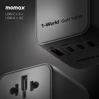 MOMAX 1-WORLD 140W GAN 4 PORTS AC TRAVEL ADAPTER INCLUDING 140W USB-C TO USB-C CABLE