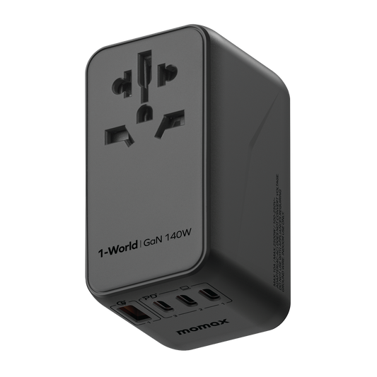MOMAX 1-WORLD 140W GAN 4 PORTS AC TRAVEL ADAPTER INCLUDING 140W USB-C TO USB-C CABLE