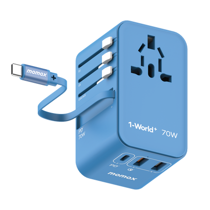 MOMAX 1-WORLD 70W GAN 3 PORT WITH BUILT-IN USB-C CABLE AC TRAVEL ADAPTOR