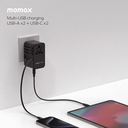 MOMAX 1-WORLD 70W GAN 3 PORT WITH BUILT-IN USB-C CABLE AC TRAVEL ADAPTOR