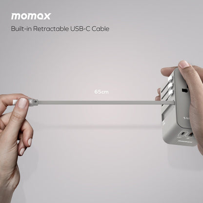 MOMAX 1-WORLD 70W GAN 3 PORT WITH BUILT-IN USB-C CABLE AC TRAVEL ADAPTOR