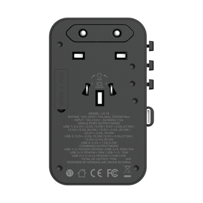 MOMAX 1-WORLD 70W GAN 3 PORT WITH BUILT-IN USB-C CABLE AC TRAVEL ADAPTOR