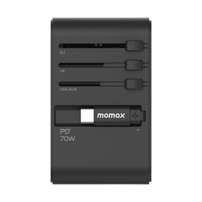 MOMAX 1-WORLD 70W GAN 3 PORT WITH BUILT-IN USB-C CABLE AC TRAVEL ADAPTOR