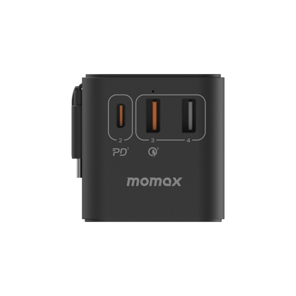 MOMAX 1-WORLD 70W GAN 3 PORT WITH BUILT-IN USB-C CABLE AC TRAVEL ADAPTOR
