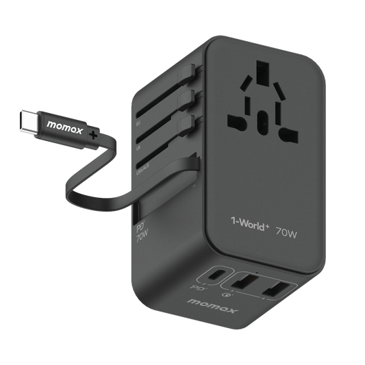 MOMAX 1-WORLD 70W GAN 3 PORT WITH BUILT-IN USB-C CABLE AC TRAVEL ADAPTOR