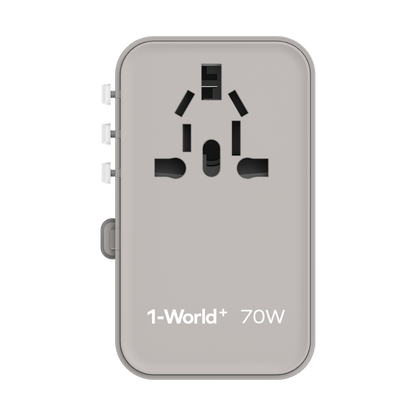 MOMAX 1-WORLD 70W GAN 3 PORT WITH BUILT-IN USB-C CABLE AC TRAVEL ADAPTOR