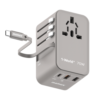 MOMAX 1-WORLD 70W GAN 3 PORT WITH BUILT-IN USB-C CABLE AC TRAVEL ADAPTOR
