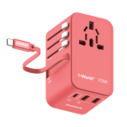 MOMAX 1-WORLD 70W GAN 3 PORT WITH BUILT-IN USB-C CABLE AC TRAVEL ADAPTOR