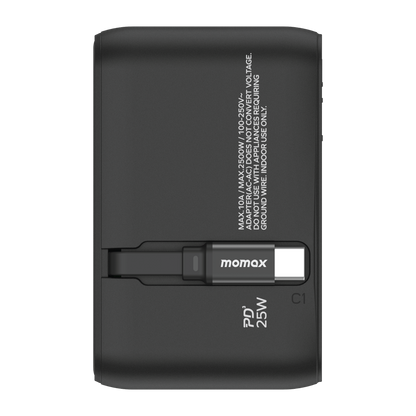 MOMAX 1-WORLD 25W 3 PORT WITH BUILT-IN USB-C CABLE AC TRAVEL ADAPTOR