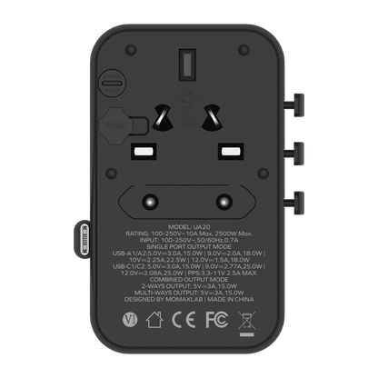MOMAX 1-WORLD 25W 3 PORT WITH BUILT-IN USB-C CABLE AC TRAVEL ADAPTOR