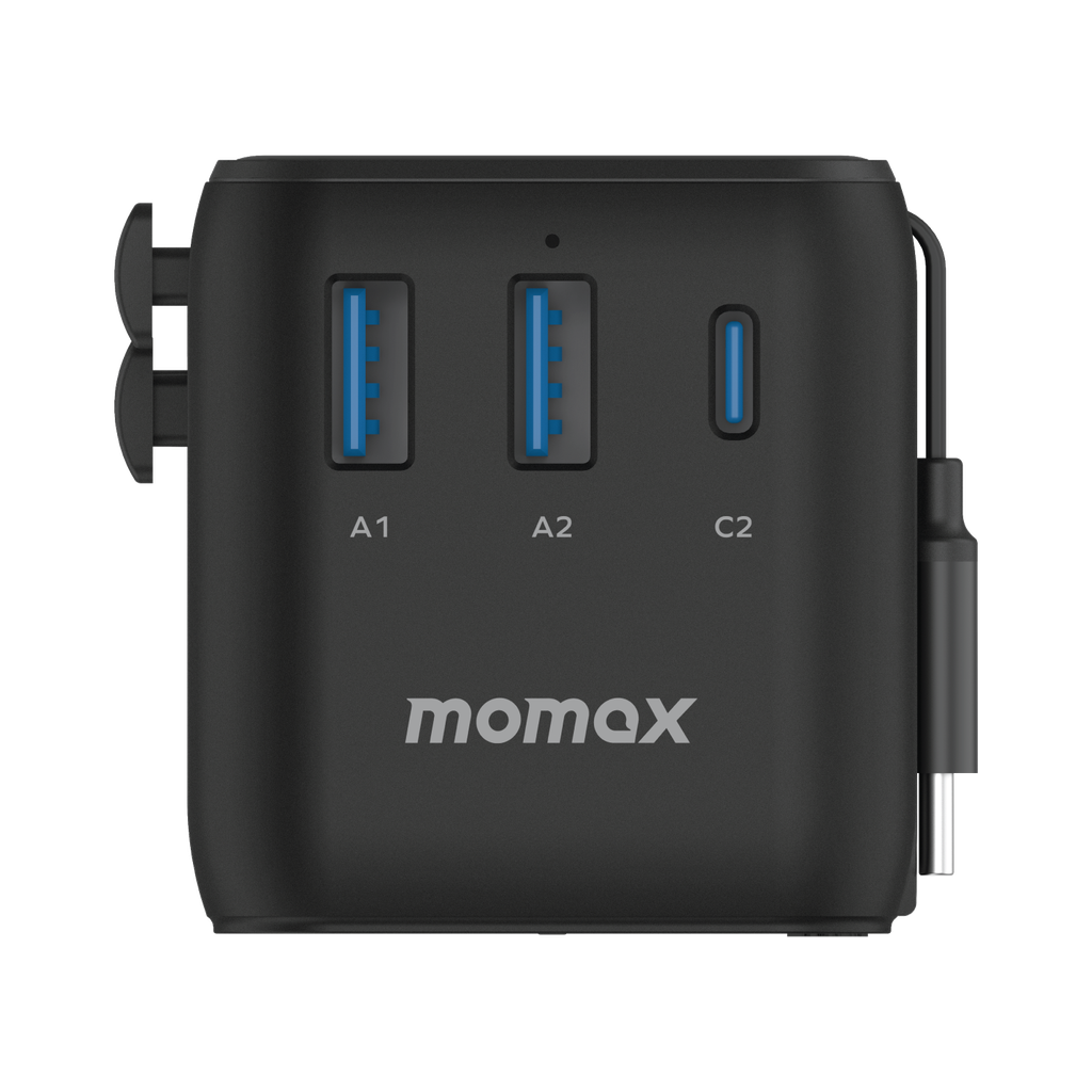 MOMAX 1-WORLD 25W 3 PORT WITH BUILT-IN USB-C CABLE AC TRAVEL ADAPTOR