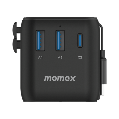 MOMAX 1-WORLD 25W 3 PORT WITH BUILT-IN USB-C CABLE AC TRAVEL ADAPTOR