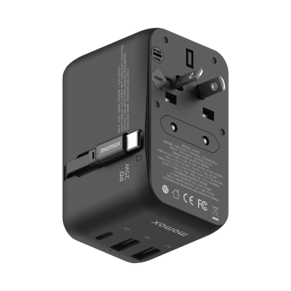 MOMAX 1-WORLD 25W 3 PORT WITH BUILT-IN USB-C CABLE AC TRAVEL ADAPTOR
