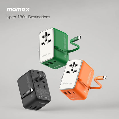 MOMAX 1-WORLD 25W 3 PORT WITH BUILT-IN USB-C CABLE AC TRAVEL ADAPTOR