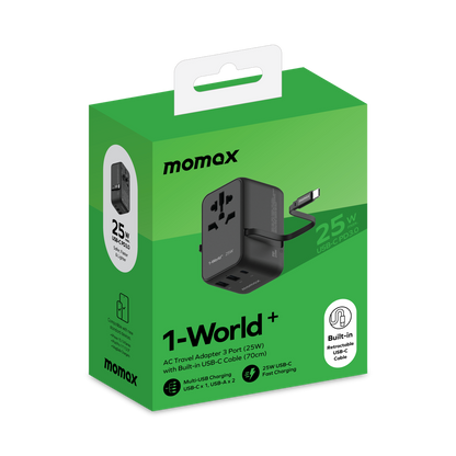 MOMAX 1-WORLD 25W 3 PORT WITH BUILT-IN USB-C CABLE AC TRAVEL ADAPTOR