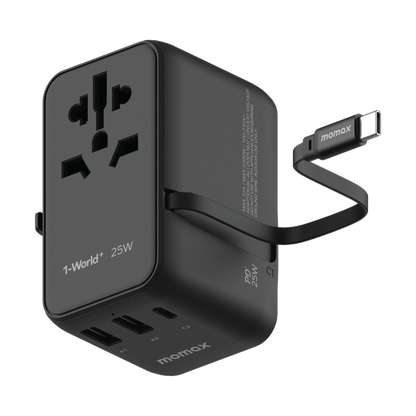 MOMAX 1-WORLD 25W 3 PORT WITH BUILT-IN USB-C CABLE AC TRAVEL ADAPTOR