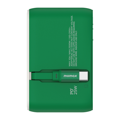 MOMAX 1-WORLD 25W 3 PORT WITH BUILT-IN USB-C CABLE AC TRAVEL ADAPTOR