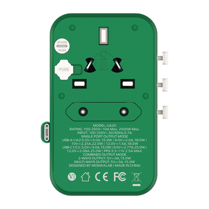 MOMAX 1-WORLD 25W 3 PORT WITH BUILT-IN USB-C CABLE AC TRAVEL ADAPTOR