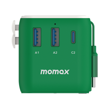 MOMAX 1-WORLD 25W 3 PORT WITH BUILT-IN USB-C CABLE AC TRAVEL ADAPTOR