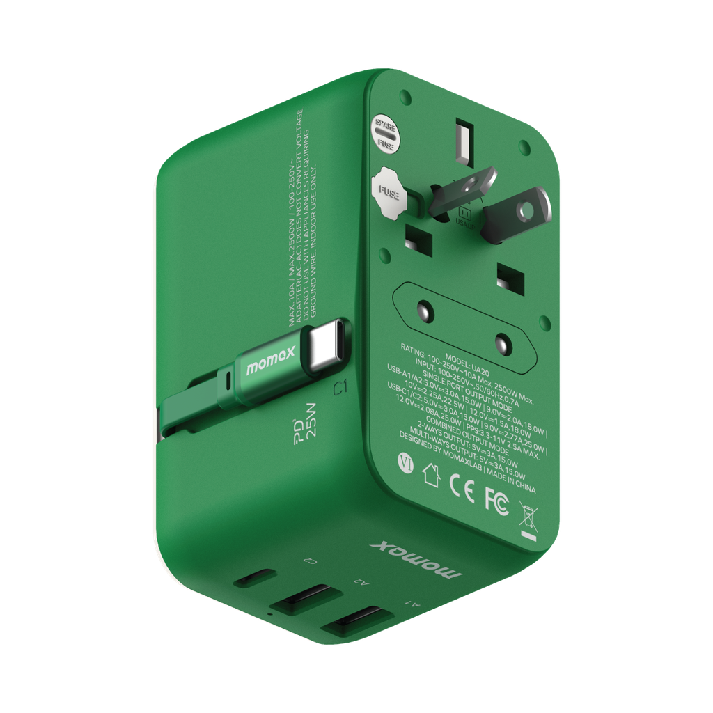 MOMAX 1-WORLD 25W 3 PORT WITH BUILT-IN USB-C CABLE AC TRAVEL ADAPTOR