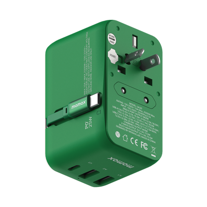 MOMAX 1-WORLD 25W 3 PORT WITH BUILT-IN USB-C CABLE AC TRAVEL ADAPTOR
