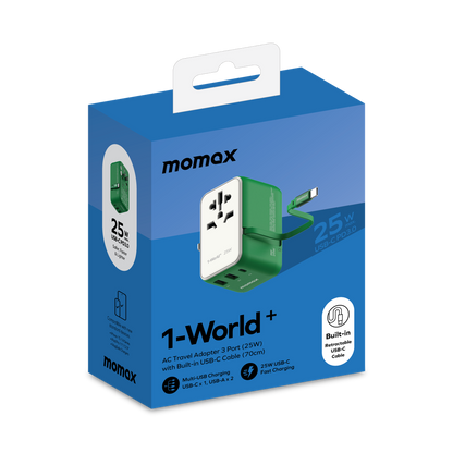 MOMAX 1-WORLD 25W 3 PORT WITH BUILT-IN USB-C CABLE AC TRAVEL ADAPTOR