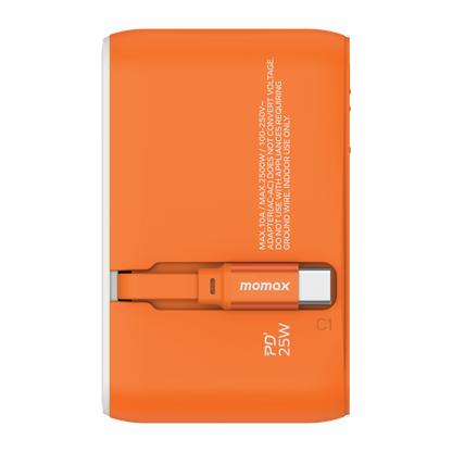 MOMAX 1-WORLD 25W 3 PORT WITH BUILT-IN USB-C CABLE AC TRAVEL ADAPTOR